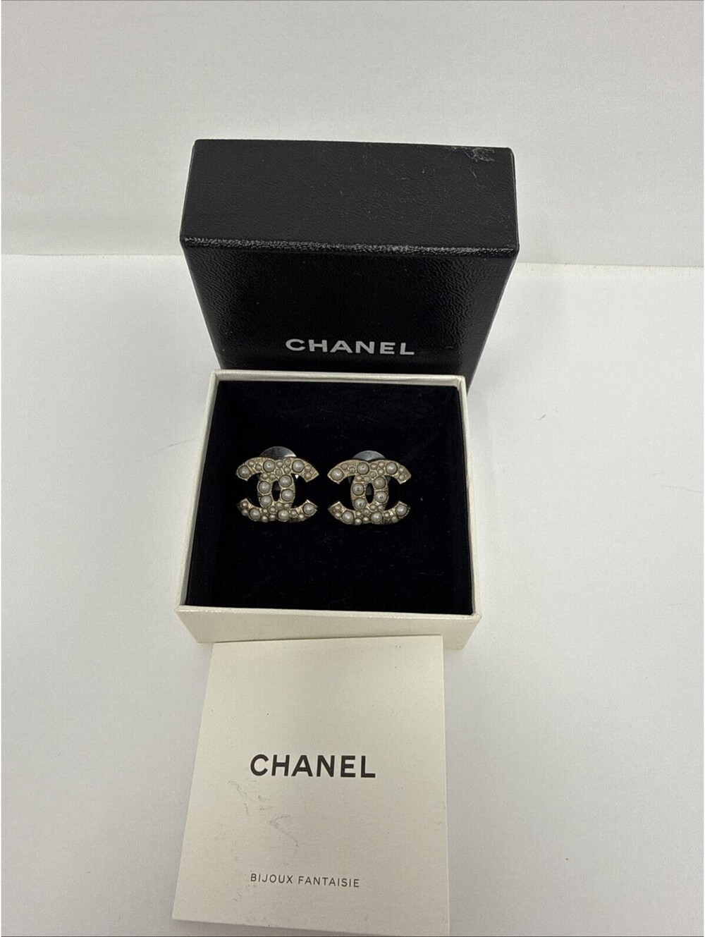 CHANEL Gold Tone CC Logo Stud Earrings White  Faux Pearl